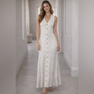 Tahari Cream Sleeveless Metal Button Accent Bodycon Textured Dress Medium